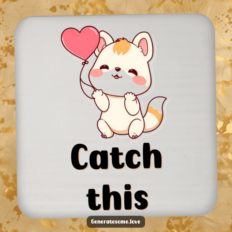 Funny playful animal character catching a floating heart on a drink coaster, adding playful charm to any table setting.