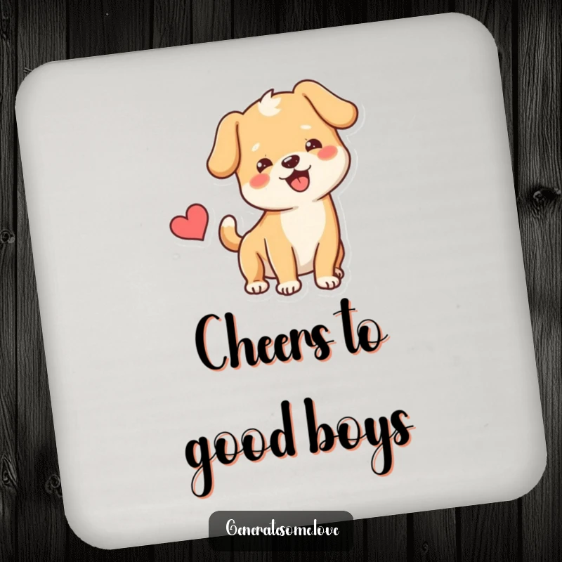 Funny Coaster featuring a happy dog wagging its tail next to a heart, adding cheerful protection to tables.