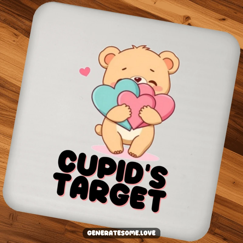Funny drink coasters showcasing a bear cub character embracing two intertwined hearts, protecting your surfaces with cuteness.