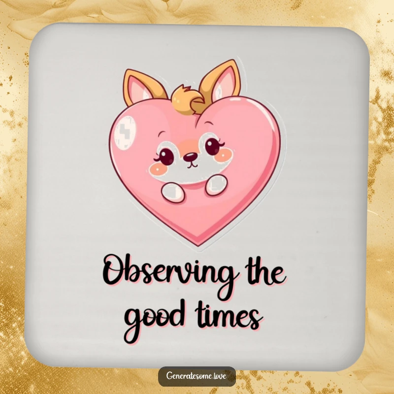 Funny drink coaster featuring a curious animal character playfully peeking from behind a large heart, adding a touch of playful intrigue to tables.