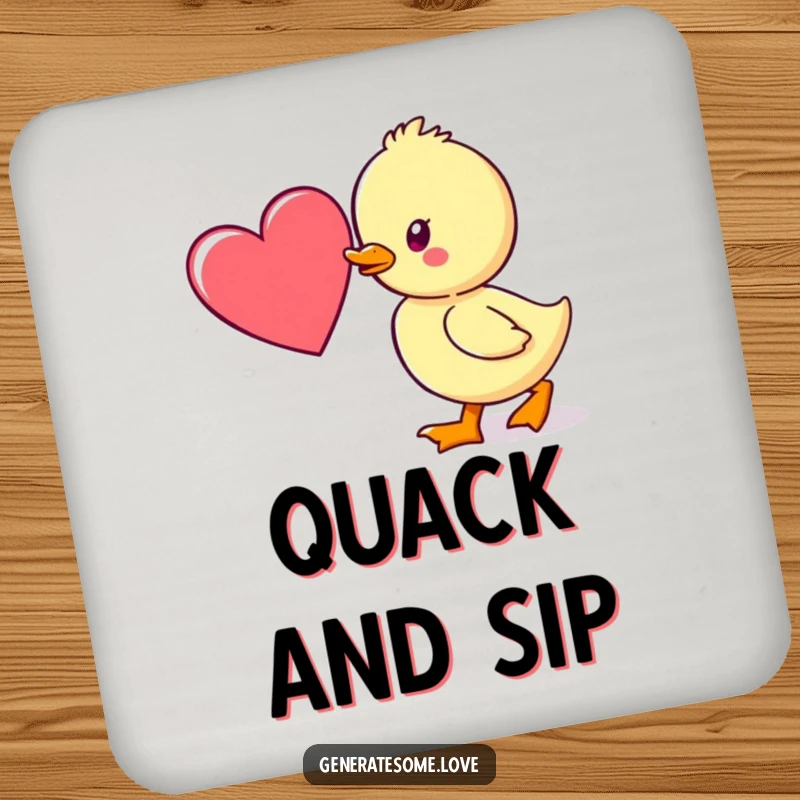 Funny drink coasters with a kawaii duckling waddling towards a heart, adding a touch of cute affection to any surface.