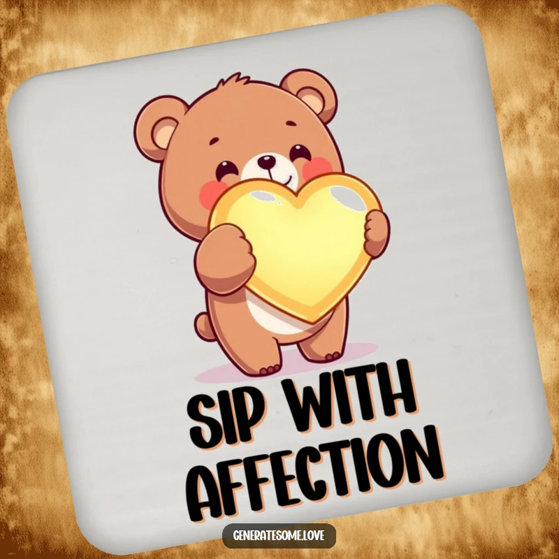 Funny kawaii bear drink coaster showing a cute bear presenting a glowing heart, perfect for any table.