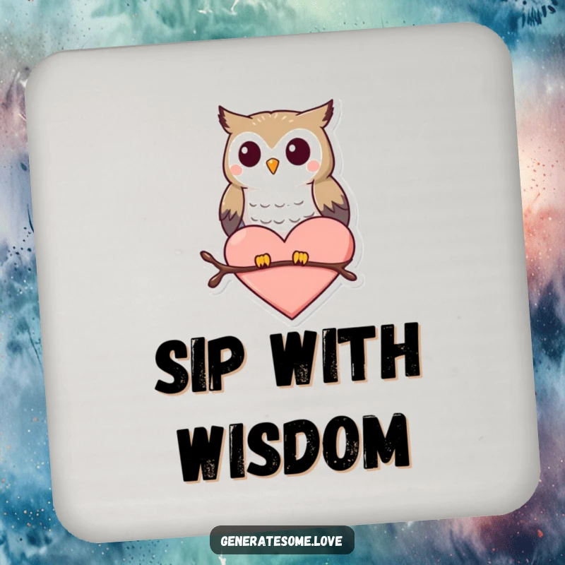 Funny drink coaster featuring a small, happy owl character perched on a heart shape, symbolizing love.