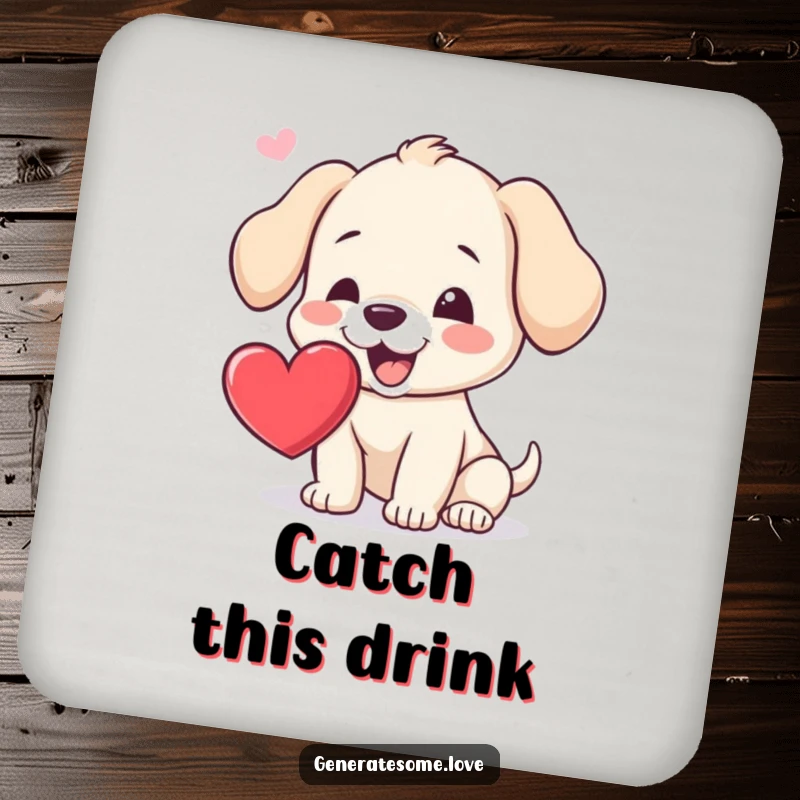 Funny drink coaster depicting a playful puppy attempting to catch a floating heart, perfect for surface protection and adding charm.
