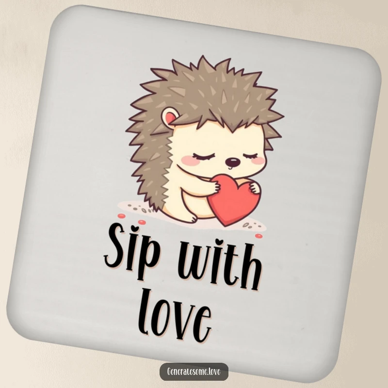 Funny sleepy hedgehog character rolling a heart on a drink coaster, adding cute protection.