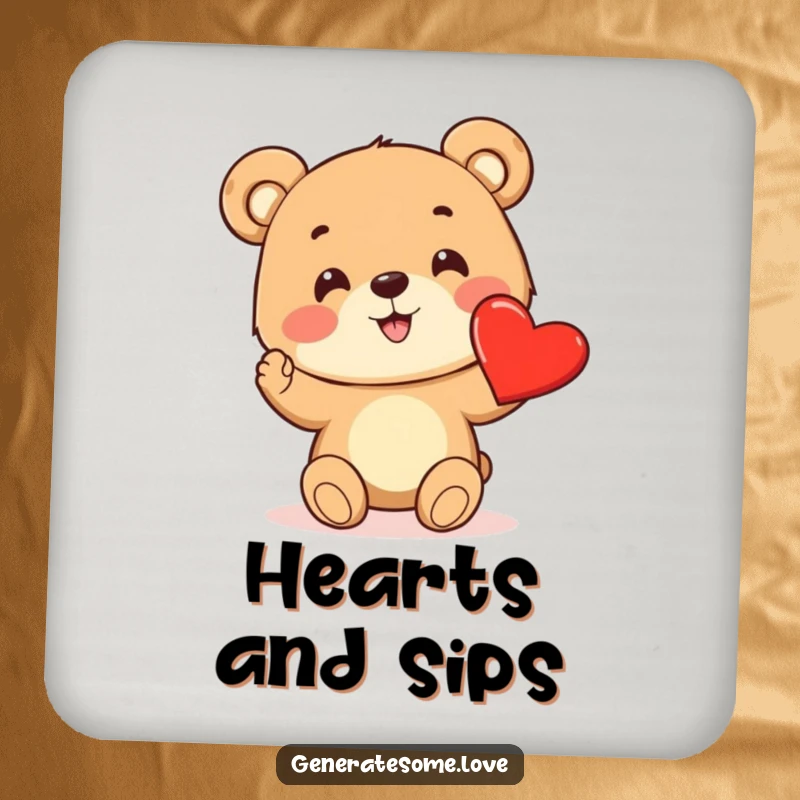 Funny drink coaster with a cheerful bear cub excitedly offering a bright red heart, perfect for tables.