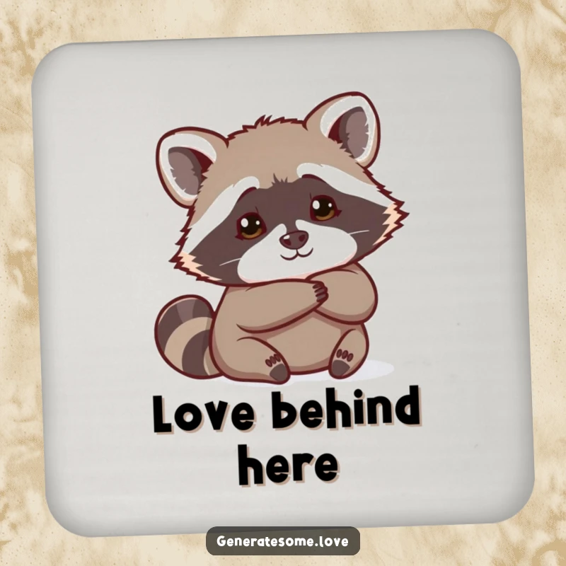 Funny curious raccoon peeking from behind a heart, adding playful charm and protection to this drink coaster.