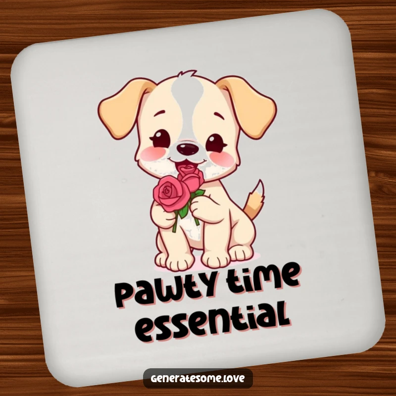 Funny puppy coasters holding a rose, perfect for protecting surfaces, a cute and charming gift.