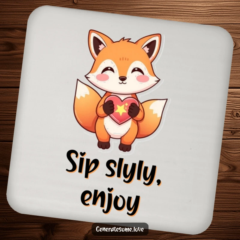Funny fox coasters gifting a sparkly heart, perfect for protecting surfaces, a cute and magical gift.