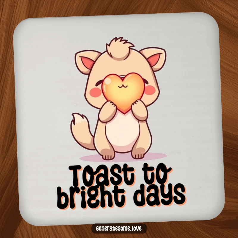 Funny drink coaster featuring a hopeful animal character holding a radiant, glowing heart aloft, adding a symbol of hope and warmth to tables.