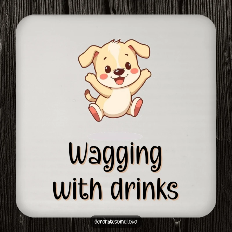 Funny drink coaster with a playful puppy character bouncing happily, tail wagging, perfect for tables.