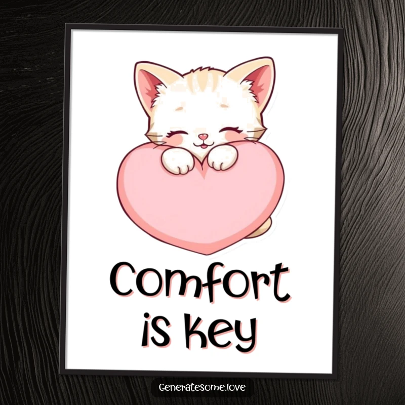 Funny happy kitten poster, snuggling a large soft heart cushion, heartwarming and cute wall art.