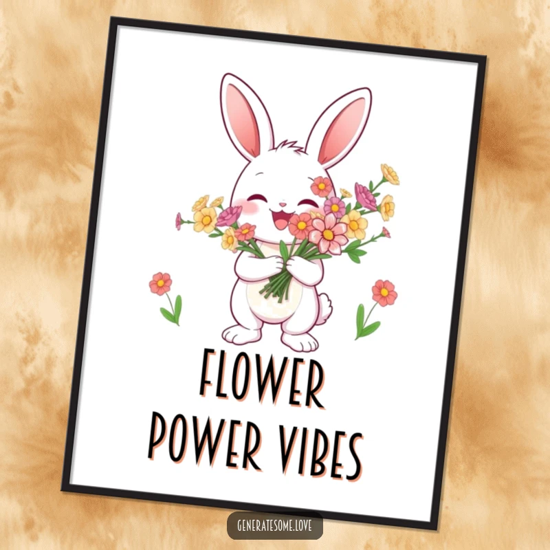 Funny bunny poster joyfully presenting a bouquet of flowers, adding a touch of whimsy and nature, ideal for decor.