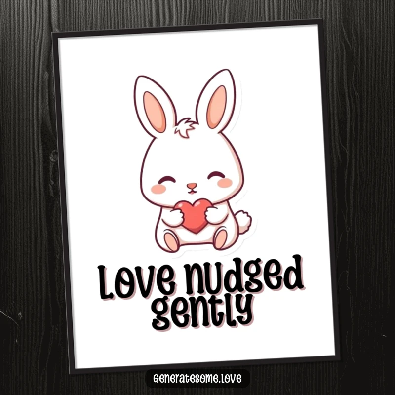 Funny poster art of a darling bunny character nudging a tiny heart forward, symbolizing sweet love.