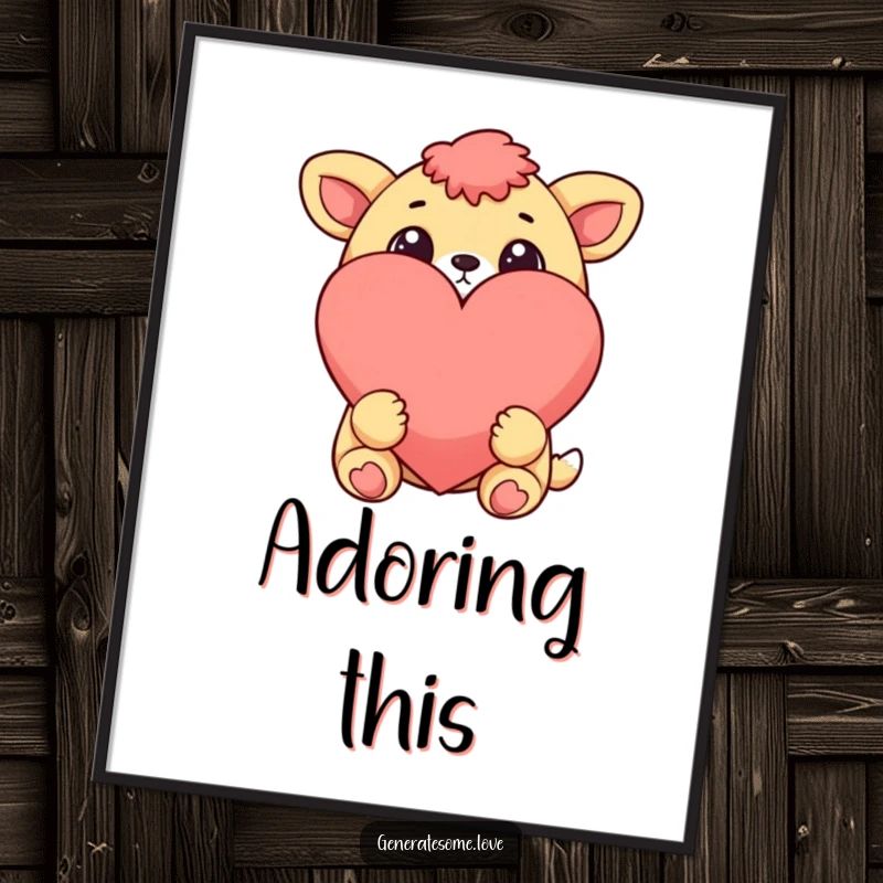 Funny cheerful animal character with wide eyes looking at a large heart, displayed on a poster, conveying deep affection and warmth.