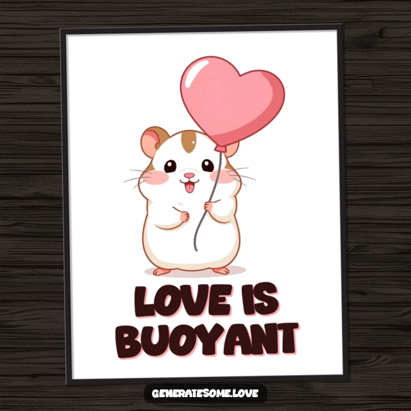 Funny chubby hamster character holding a vibrant red heart balloon, bringing joy and humor to wall art.