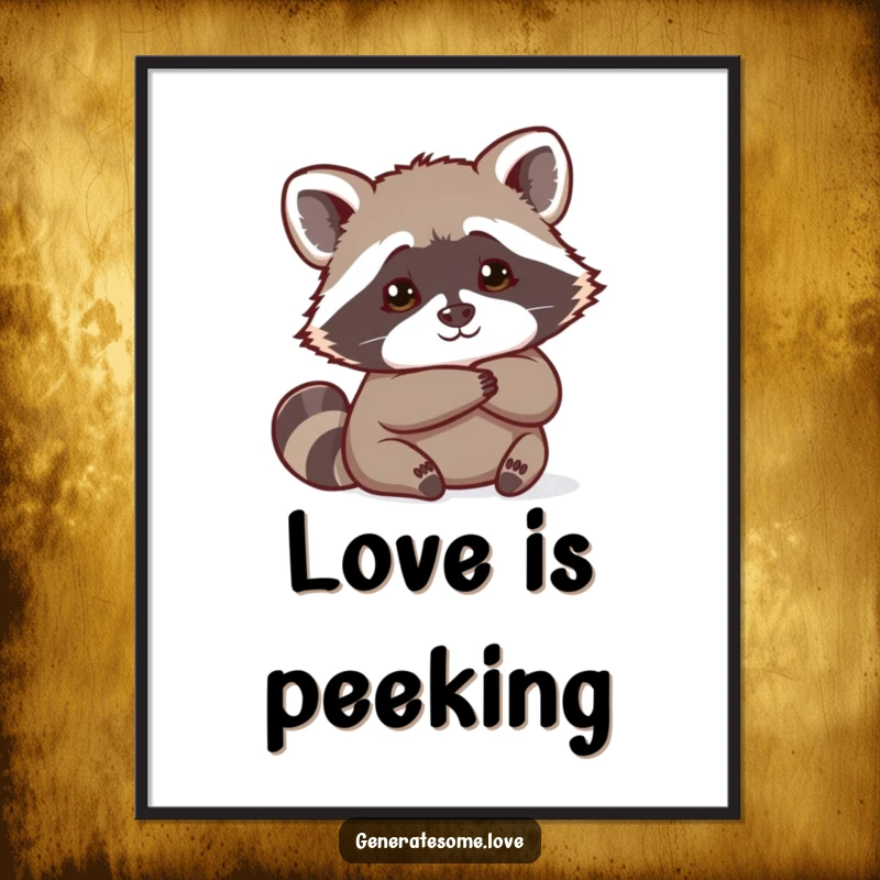 Funny curious raccoon peeking with a playful glance from behind a large heart, adding charm to wall art.