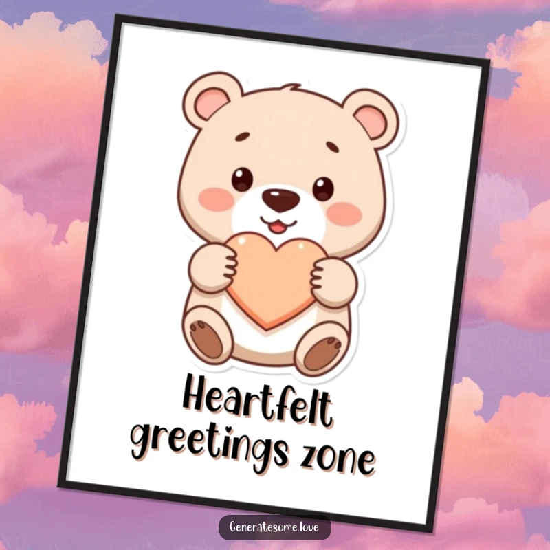 Funny cute bear poster smiling while offering a heart, spreading love and sweetness, ideal for room decoration.