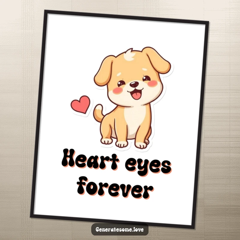 Funny Poster of a happy dog wagging its tail beside a heart symbol, capturing the essence of pure, joyful companionship.
