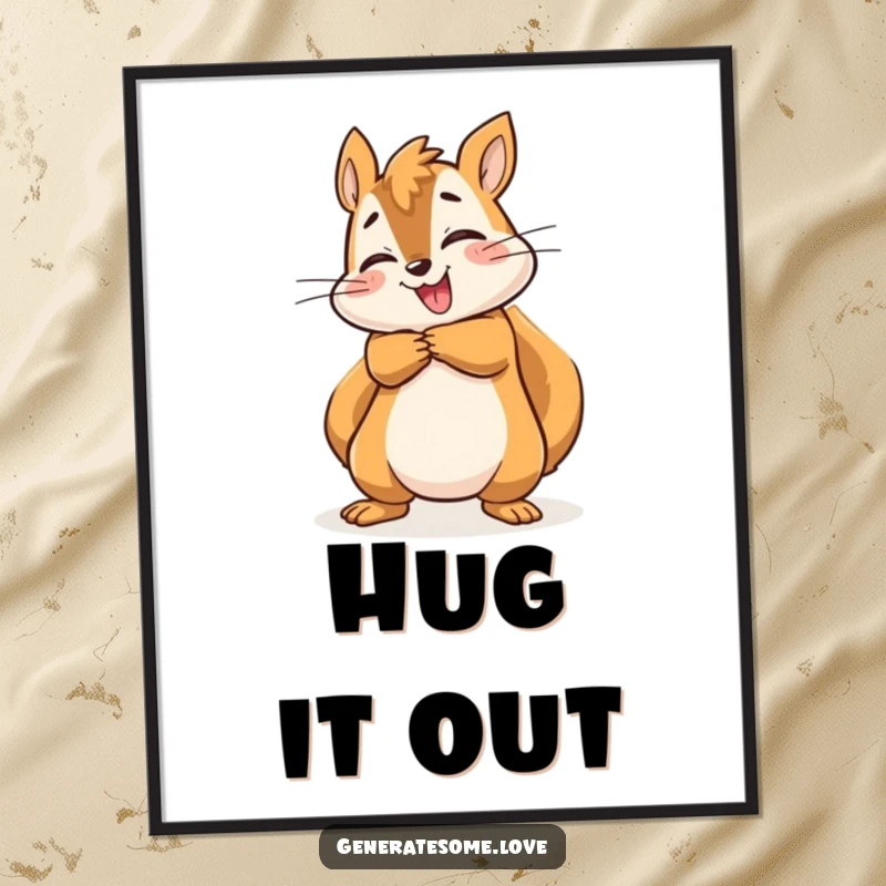 Funny energetic squirrel character giving a warm hug, radiating joy and energy on this humorous wall art.