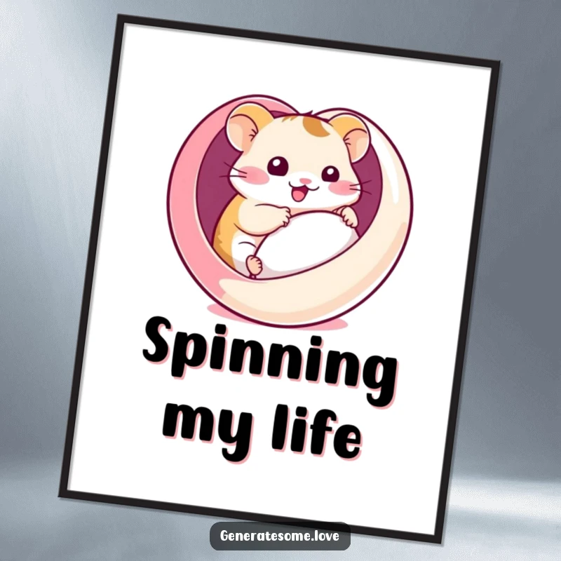 Funny poster featuring a kawaii hamster comically rolling inside a heart-shaped ball, creating a cheerful and humorous visual display.
