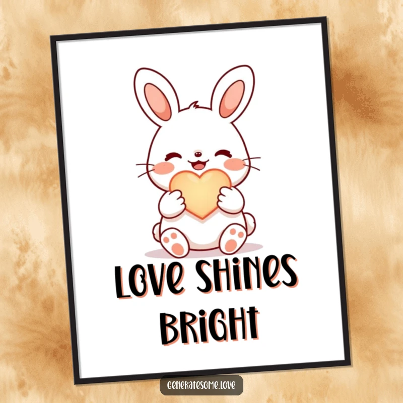 Funny joyful bunny poster, holding a glowing heart symbol, heartwarming wall art.