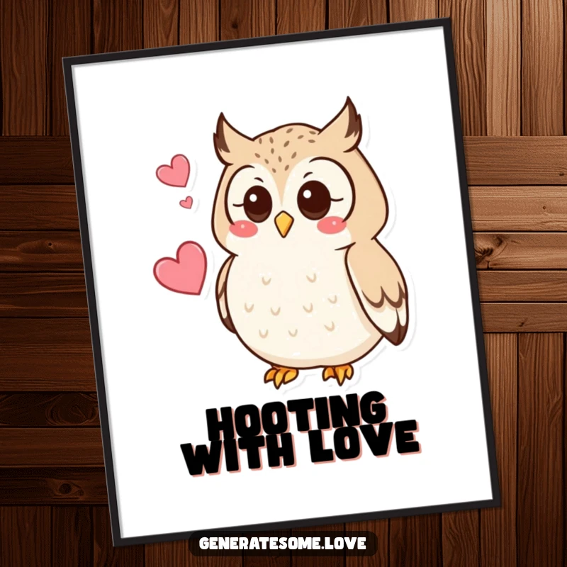 Funny poster print of a curious owl character hooting softly, with a small heart nearby, symbolizing gentle wisdom.