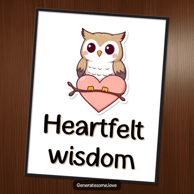Funny poster art of a small, happy owl character perched peacefully on a prominent heart shape.