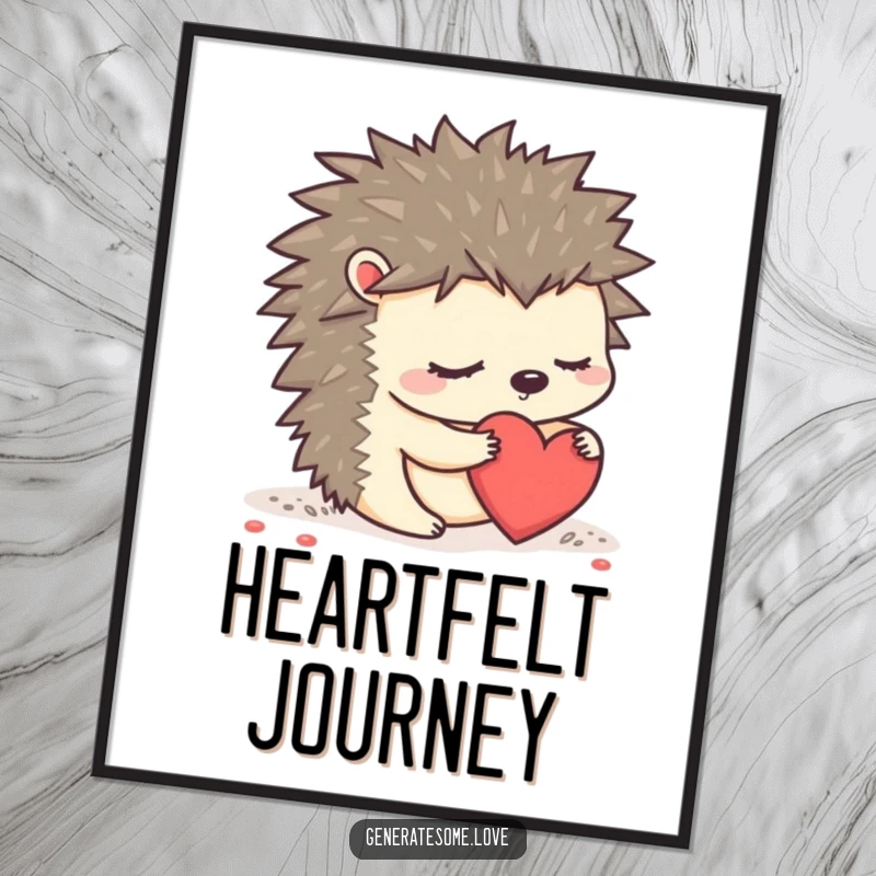 Funny sleepy hedgehog character rolling a heart on a poster, creating a whimsical and loving wall decor.