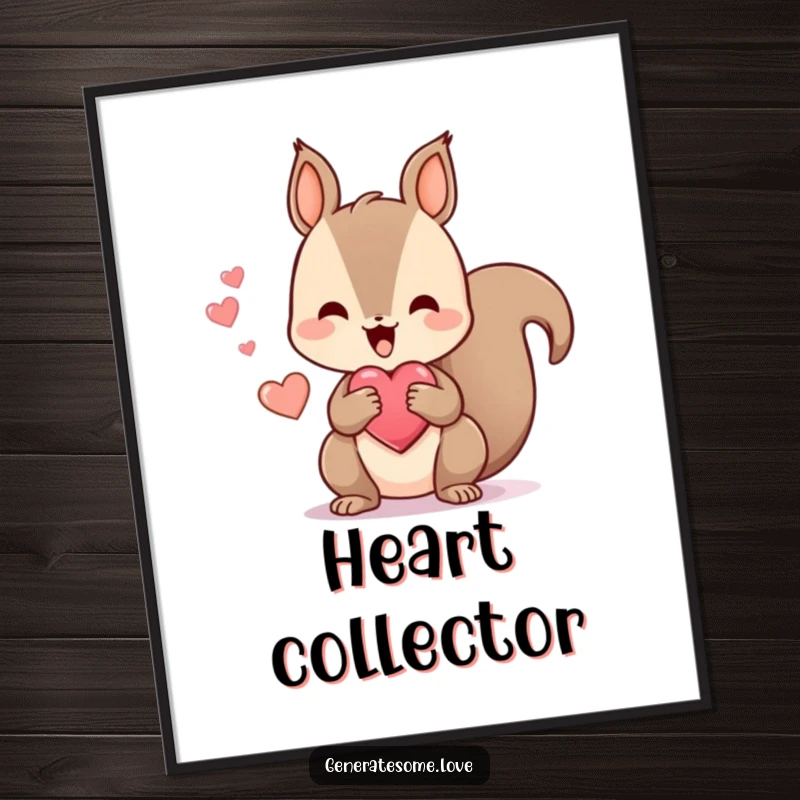 Funny poster featuring a kawaii squirrel character happily chattering while holding a heart-shaped treat, creating a cheerful and heartwarming visual display.