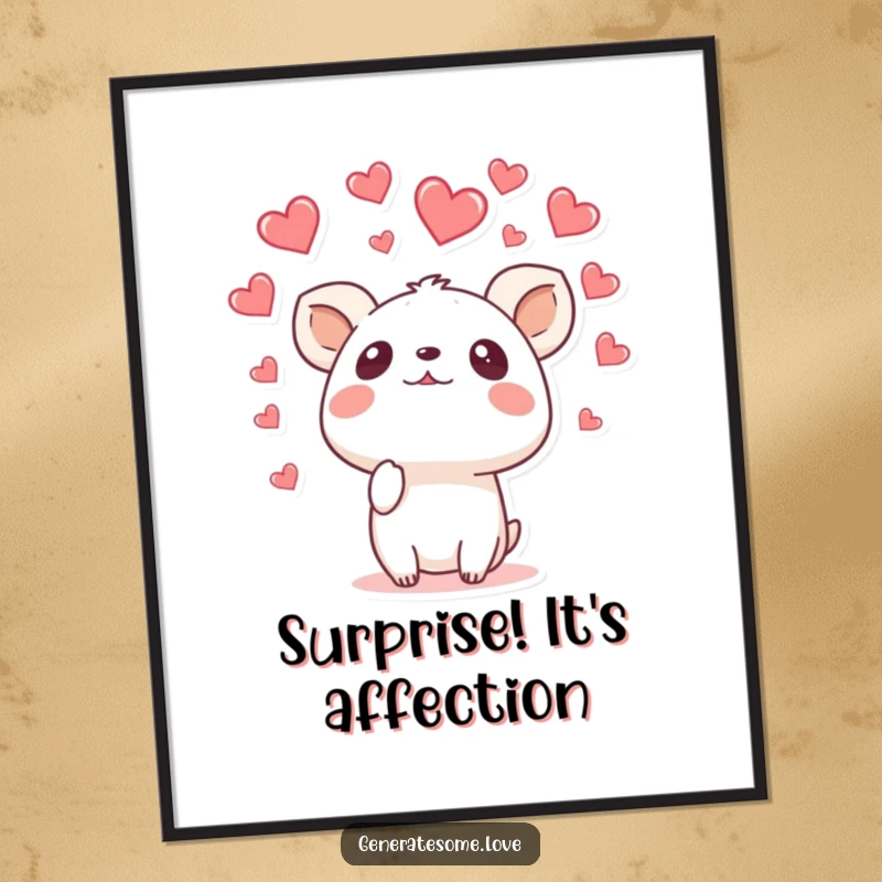 Funny poster depicting a surprised animal character looking upwards in wonder as a beautiful shower of hearts falls from above, creating a whimsical scene.