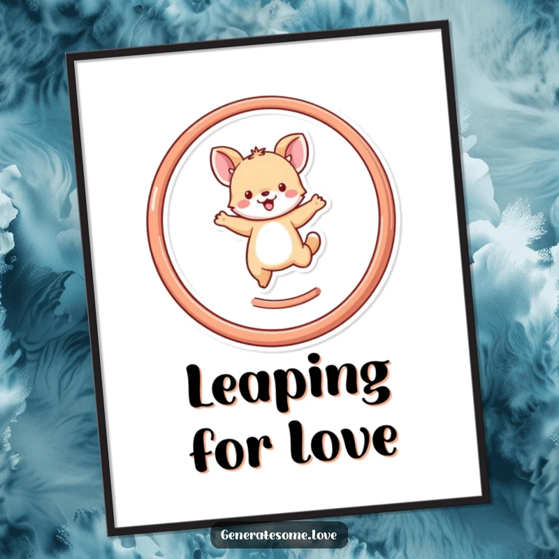 Funny tiny animal character performing a joyful leap through a heart-shaped hoop, displayed on a vibrant poster, perfect wall art.