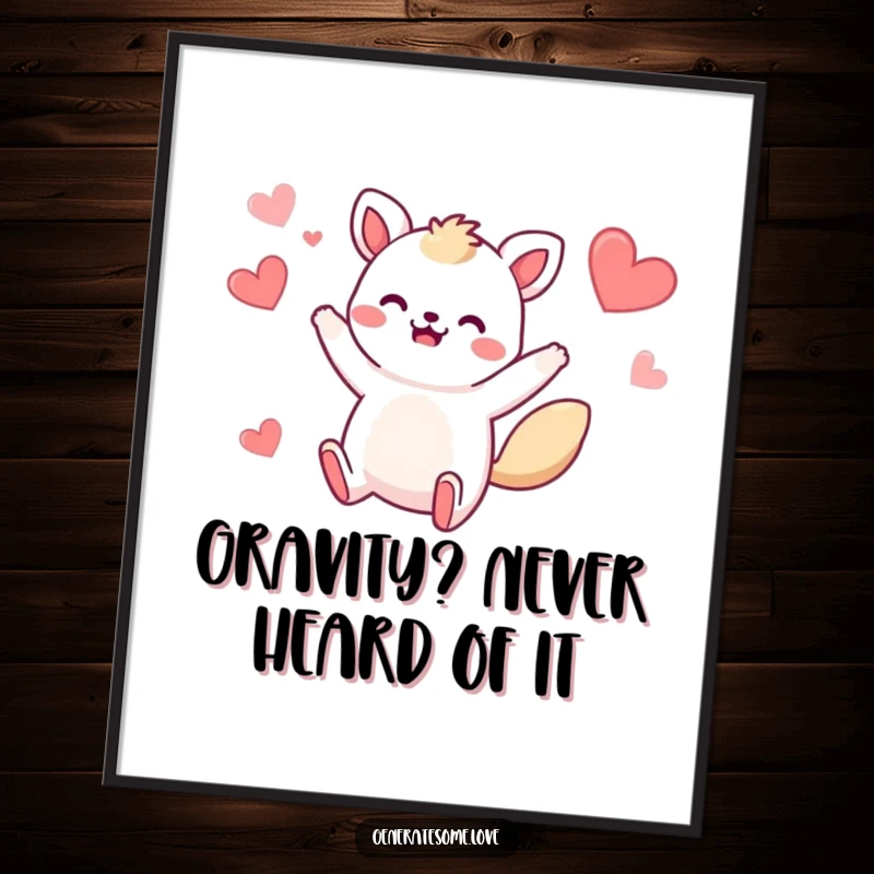 Funny poster featuring a whimsical animal character in a dynamic, bouncy jump, surrounded by cheerful hearts, bringing energy and humor to decor.