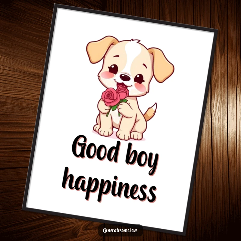 Funny puppy poster with a wagging tail, holding a rose, symbolizing friendship and affection, ideal for decor.