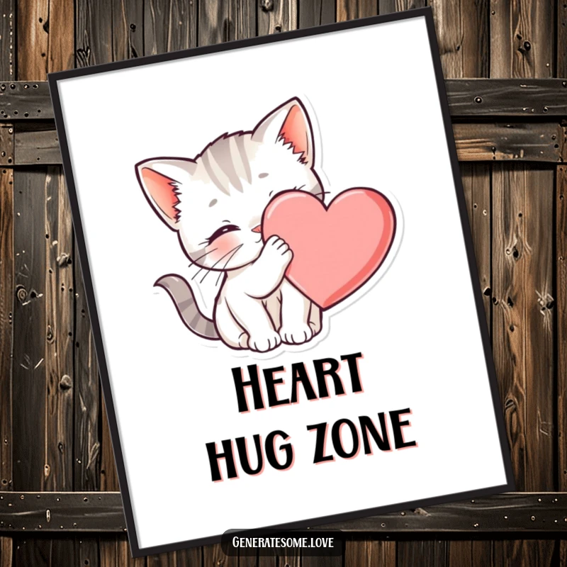 Funny kitten poster nuzzling against a heart, symbolizing love and companionship, ideal for decor.