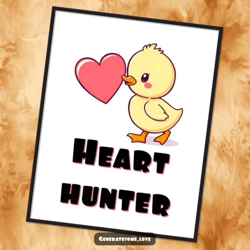 Funny poster featuring a kawaii duckling character waddling towards a heart, creating a charming and heartwarming visual display.