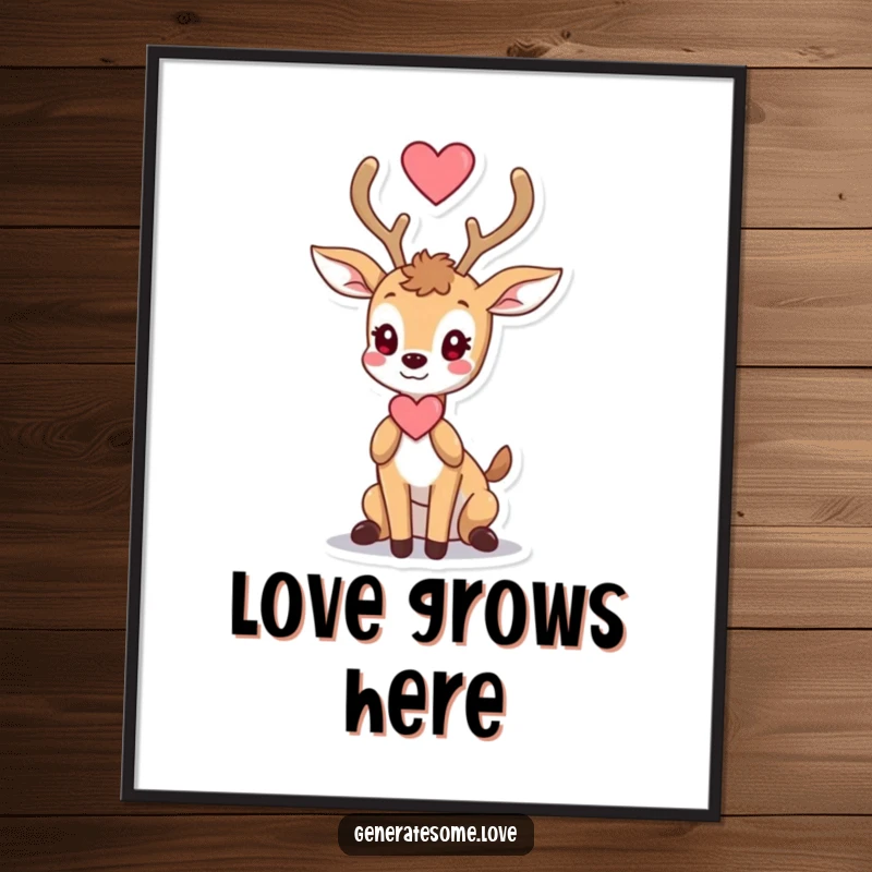 Funny poster print of a deer character gracefully offering a heart with its antlers, symbolizing tender affection.