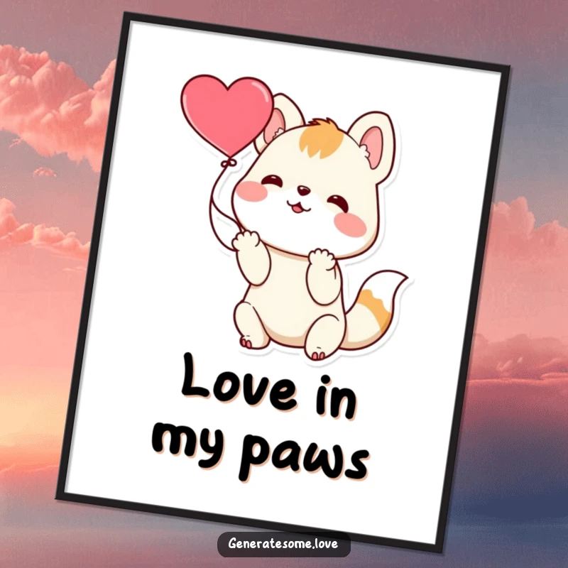 Funny playful animal character catching a floating heart with its paws, displayed on a poster, adding a touch of sweet romance.