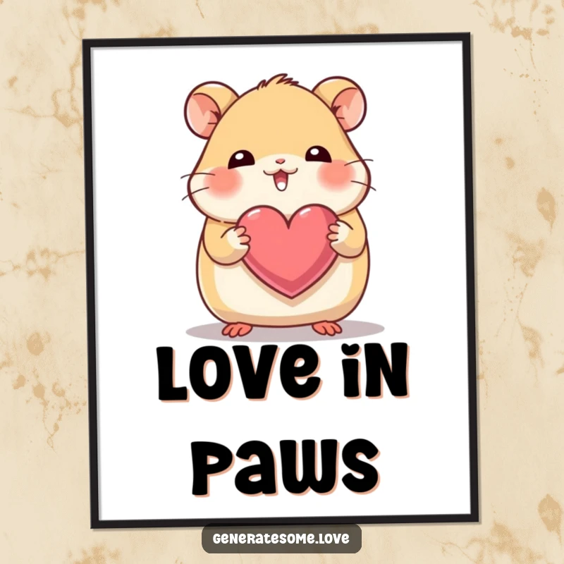 Funny poster print of a giggling hamster character holding a heart with its tiny paws, full of adorable affection.