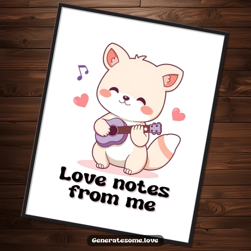 Funny poster featuring a charming animal character playing music amidst heart-shaped musical notes, creating a visually harmonious and humorous art piece.