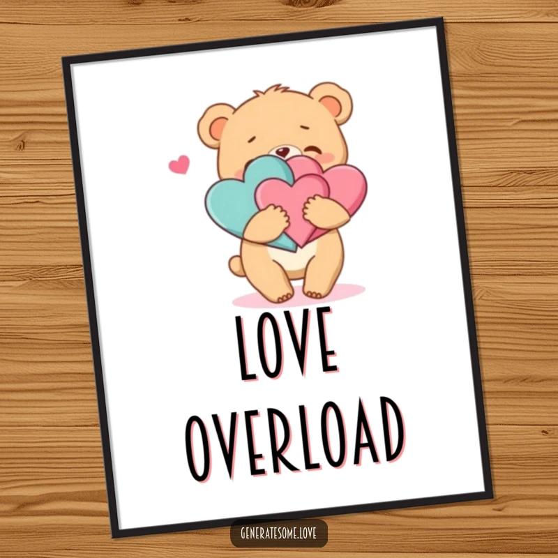 Funny poster print of a playful bear cub character giving a big, loving hug to two intertwined hearts, perfect for adding cheer.