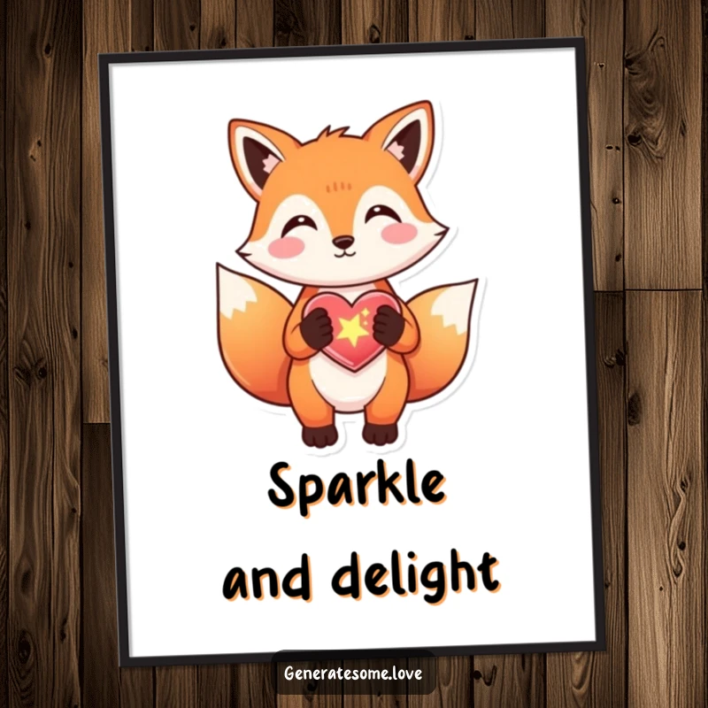 Funny fox poster joyfully gifting a sparkly heart, symbolizing magic and delight, ideal for decor.