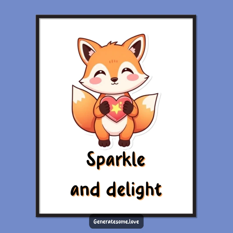 Funny Fox Sparkle Heart Poster - Whimsical Wall Art Gift