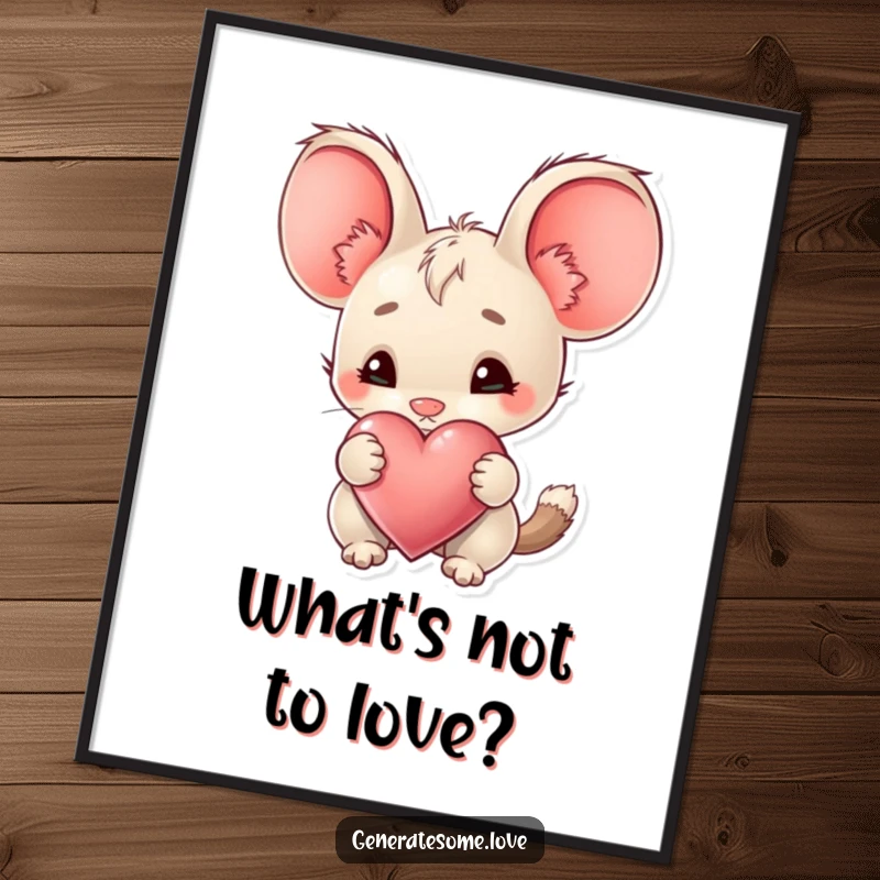 Funny Poster of a creature with large ears curiously sniffing a heart, evoking a sense of gentle inquiry and affection.