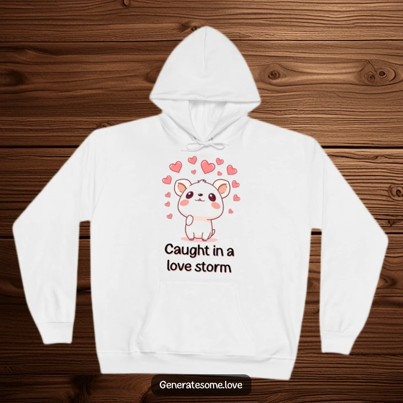 Funny hoodie featuring a surprised animal character looking up into a delightful rain of hearts, combining cozy comfort with humorous surprise.