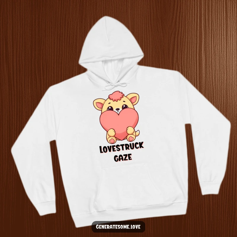 Funny cheerful animal character with wide eyes looking at a large heart, on a cozy hoodie, radiating warmth and affection.