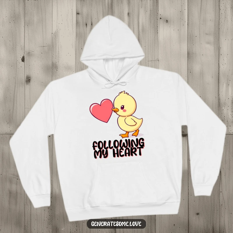 Funny hoodie with a kawaii duckling waddling towards a heart, offering warmth and a symbol of cute, loving pursuit.