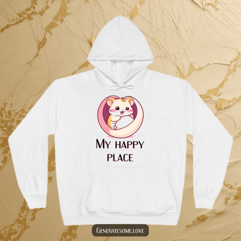 Funny hoodie with a kawaii hamster comically rolling inside a heart-shaped ball, providing warmth and a dose of playful, cute energy.