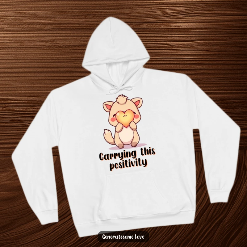 Funny hoodie featuring a hopeful animal character holding a luminous heart aloft, offering cozy comfort and a symbol of positivity.