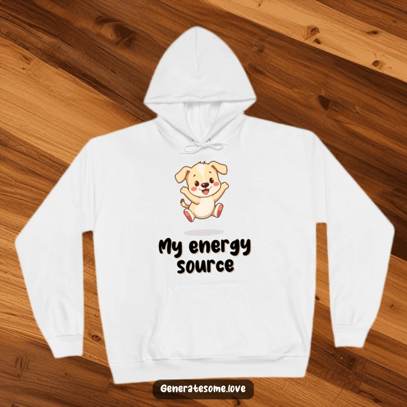 Funny hoodie with a playful puppy character bouncing happily, its tail wagging with pure delight.